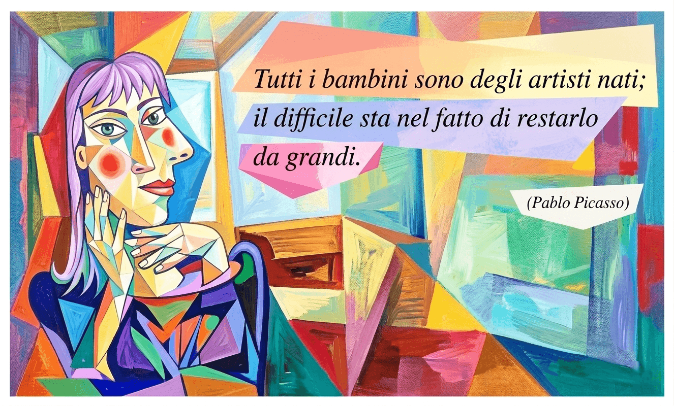 Illustrazione ispirata a Picasso con la citazione: Tutti i bambini sono degli artisti nati; il difficile sta nel fatto di restarlo da grandi.